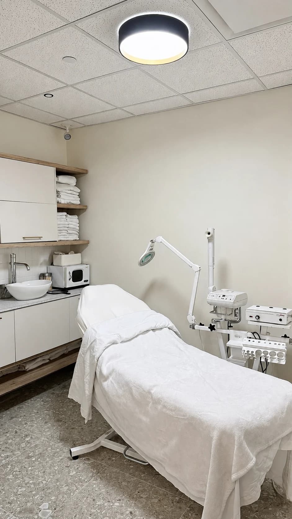 Private treatment room with a reclining treatment bed and skincare equipment