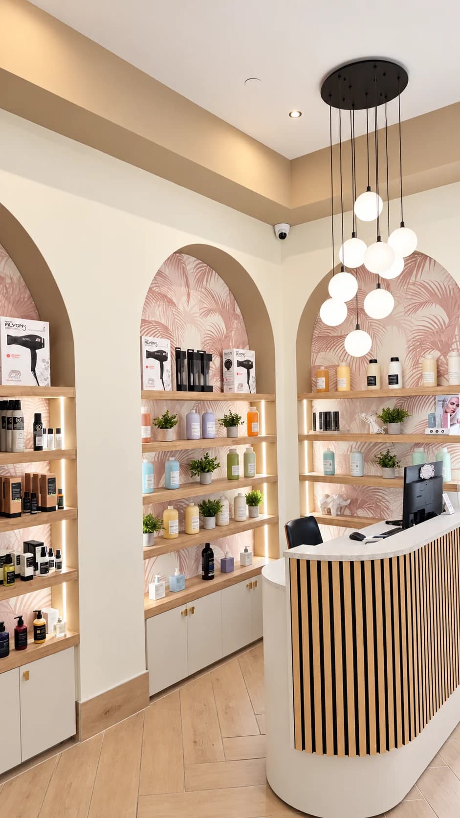 Salon Capelli reception with botanical wallpaper, stocked product shelves, and a curved wood counter