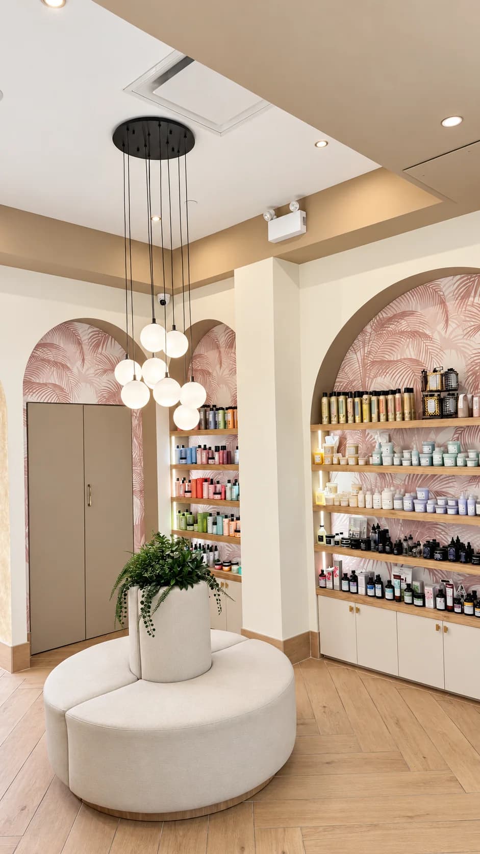 Round upholstered waiting bench with a leafy centrepiece beside stocked haircare shelves